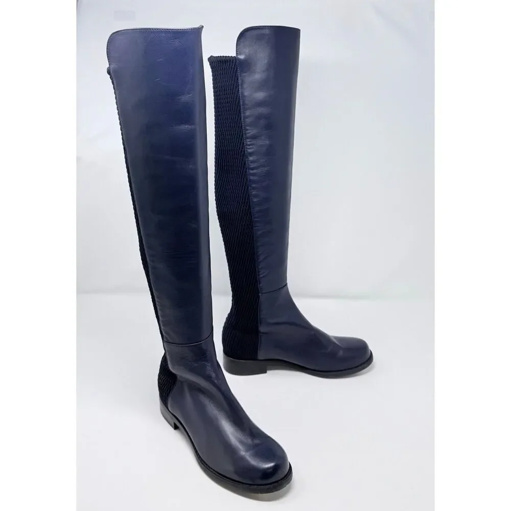 Stuart Weitzman 5050 Navy Blue Leather Over the Knee Boots Size 4C Wide NWOB